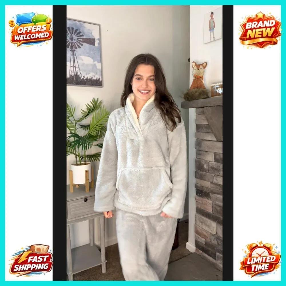 Fleece Fuzzy Pajama Set Cozy Winter Sleepwear Loungewear Pullover Pants Plush - Picture 7 of 7